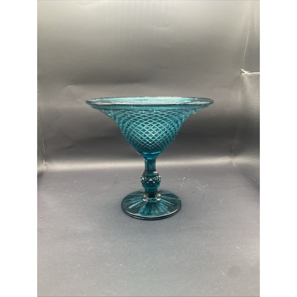 VTG IVIMA Teal Blue Glass Pedestal Dish 6" Diamond Point Compote Portugal